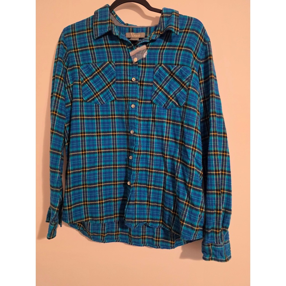 Vintage Natural Reflections Flannel Shirt Women L Blue Cotton Plaid Button Up
